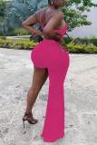 Rose Red Sexy Solid Hollowed Out Patchwork Asymmetrical Spaghetti Strap Straight Jumpsuits