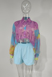 Colour Fashion Casual Print Basic Turndown Collar Long Sleeve Two Pieces