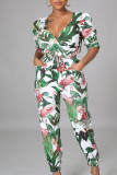 Green Fashion Casual Print Patchwork V Neck Regular Jumpsuits