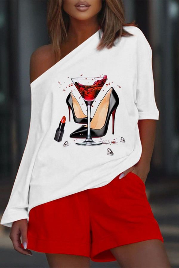 White Red Fashion Casual Print Patchwork Oblique Collar Two Pieces
