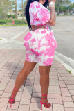 Pink Casual Print Tie-dye V Neck Short Sleeve Two Pieces