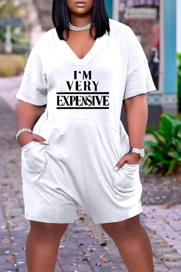White Casual Print Patchwork V Neck Straight Rompers