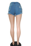 Blue Casual Street Solid Ripped Patchwork High Waist Denim Shorts