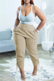 Grey Fashion Casual Solid Basic Regular High Waist Trousers