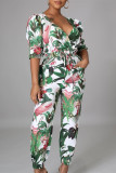 Green Fashion Casual Print Patchwork V Neck Regular Jumpsuits