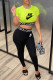 Fluorescent Green Fashion Casual Print Patchwork Letter O Neck Short Sleeve Two Pieces