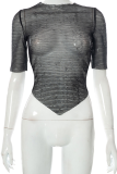 Black Sexy Solid Mesh Half A Turtleneck T-Shirts