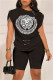 Black Fashion Casual Print Patchwork O Neck Short Sleeve Two Pieces