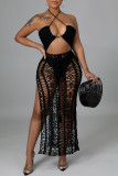 Black Sexy Solid Hollowed Out Patchwork Swimwears Cover Up