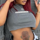 Grey Fashion Print Backless O Neck T-Shirts