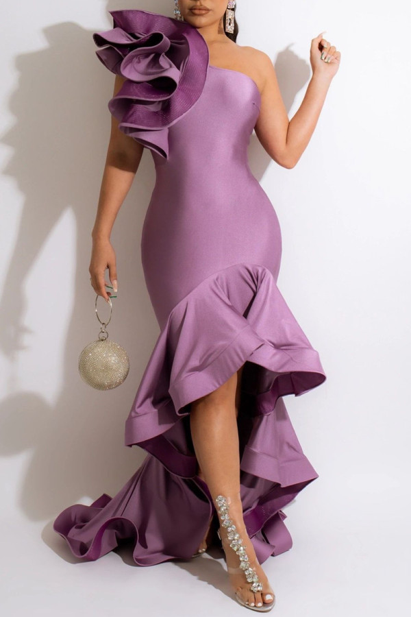 Purple Fashion Sexy Solid Patchwork Backless One Shoulder Evening Dress