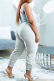 Grey Fashion Casual Solid Basic Regular High Waist Trousers