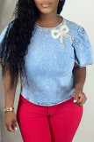 Light Blue Fashion Casual Patchwork Pearl With Bow O Neck Short Sleeve Regular Denim Tops