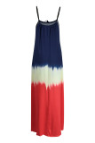 Blue Yellow Fashion Sexy Print Backless Spaghetti Strap Long Dress