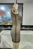 Black Silver Fashion Sexy Solid Hollowed Out See-through O Neck Sleeveless Dress