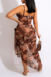 Brown Fashion Sexy Print Bandage Backless Swimwears (Without Paddings)