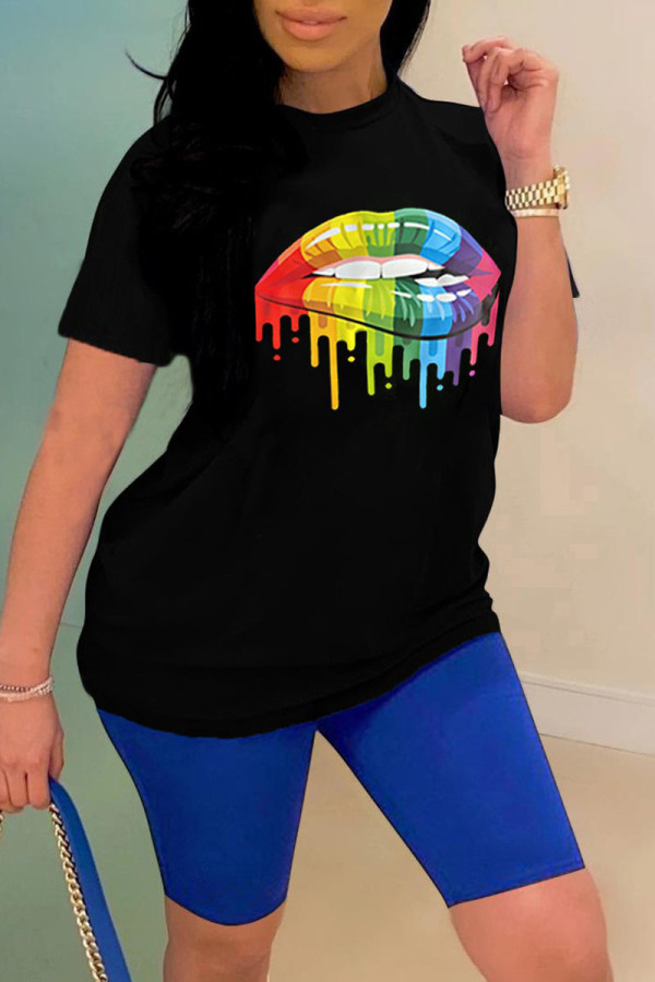 Blue Fashion Casual Lips Printed Basic O Neck Short Sleeve Two Pieces