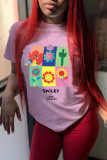 Pink Fashion Casual Print Basic O Neck T-Shirts