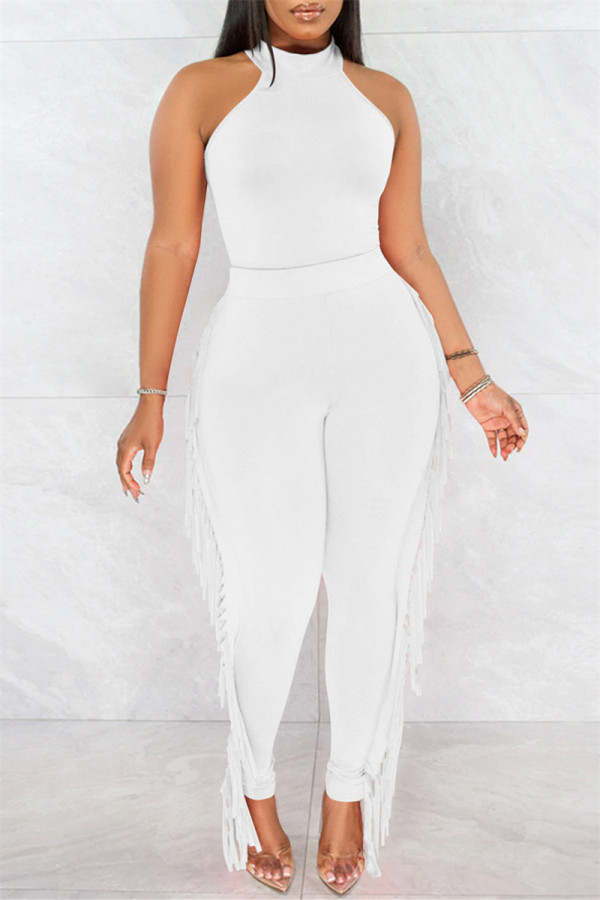 White Fashion Casual Solid Tassel Patchwork O Neck Sleeveless Two Pieces