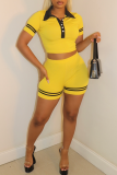 Yellow Fashion Casual Solid Patchwork Turndown Collar Short Sleeve Two Pieces