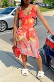 Red Sexy Print Patchwork U Neck Vest Dress Dresses