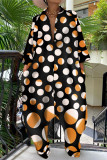 Black Fashion Casual Dot Print Patchwork Turndown Collar Loose Jumpsuits