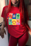 Pink Fashion Casual Print Basic O Neck T-Shirts