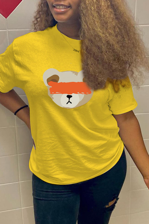 Yellow Fashion Casual Print Basic O Neck T-Shirts