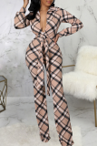 Khaki Fashion Plaid Patchwork Turndown Collar Boot Cut Jumpsuits