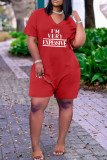 Red Casual Print Patchwork V Neck Straight Rompers