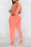 Pink Fashion Casual Solid Tassel Patchwork O Neck Sleeveless Two Pieces