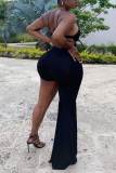 Rose Red Sexy Solid Hollowed Out Patchwork Asymmetrical Spaghetti Strap Straight Jumpsuits