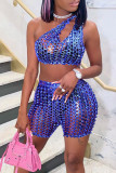 Blue Sexy Solid Hollowed Out Patchwork Oblique Collar Sleeveless Two Pieces