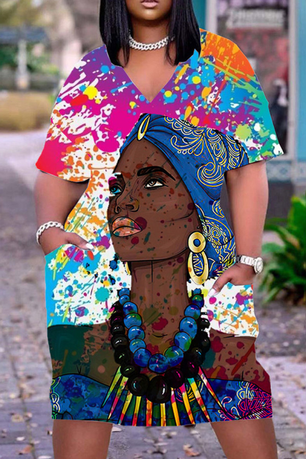 Colour Fashion Casual Print Basic V Neck Short Sleeve Dress
