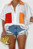 White Fashion Casual Solid Patchwork Turndown Collar Tops