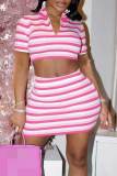 Red Sexy Striped Print Patchwork Zipper Collar Short Sleeve Two Pieces