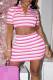 Pink Sexy Striped Print Patchwork Zipper Collar Short Sleeve Two Pieces