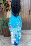 Blue Sexy Casual Print Backless Spaghetti Strap Long Dress Dresses