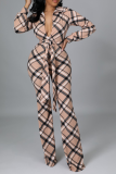 Khaki Fashion Plaid Patchwork Turndown Collar Boot Cut Jumpsuits