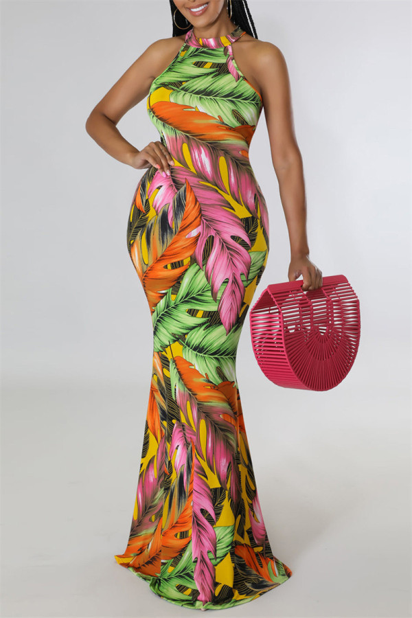 Orange Fashion Sexy Print Hollowed Out O Neck Long Dress Dresses