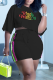 Black Fashion Print Patchwork O Neck Short Sleeve Two Pieces