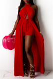 Rose Red Fashion Sexy Solid Backless Halter Sleeveless Two Pieces