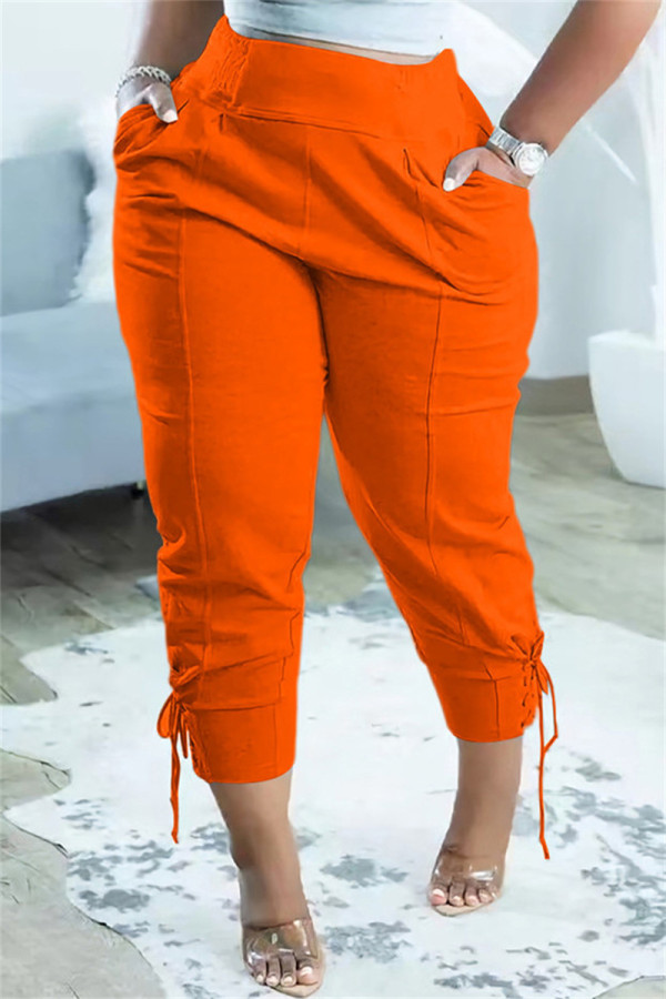 Orange Fashion Casual Solid Basic Regular High Waist Trousers