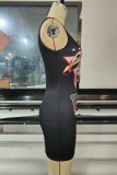 Black Sexy Print Patchwork U Neck Pencil Skirt Dresses