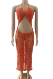 Tangerine Red Sexy Solid Hollowed Out Patchwork Swimwears Cover Up