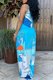 Blue Sexy Casual Print Backless Spaghetti Strap Long Dress Dresses