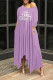 Purple Casual Print Patchwork Asymmetrical Oblique Collar Irregular Dress Dresses