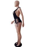 Black Fashion Sexy Solid Hollowed Out Backless Swimwears (Without Paddings)
