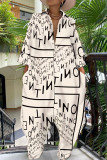 Cream White Fashion Casual Letter Print Turndown Collar Loose Jumpsuits