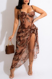 Brown Fashion Sexy Print Bandage Backless Swimwears (Without Paddings)